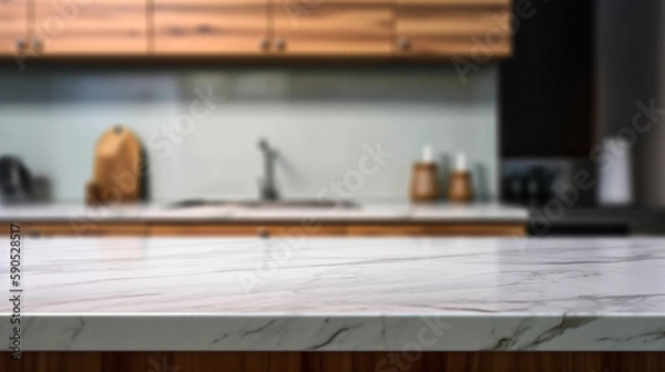 Obraz Empty marble countertop kitchen with copy space over kitchen background.for product display montage. AI generation.