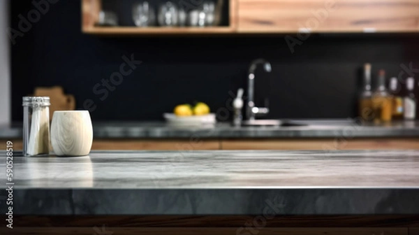 Obraz Empty marble countertop kitchen with copy space over kitchen background.for product display montage. AI generation.