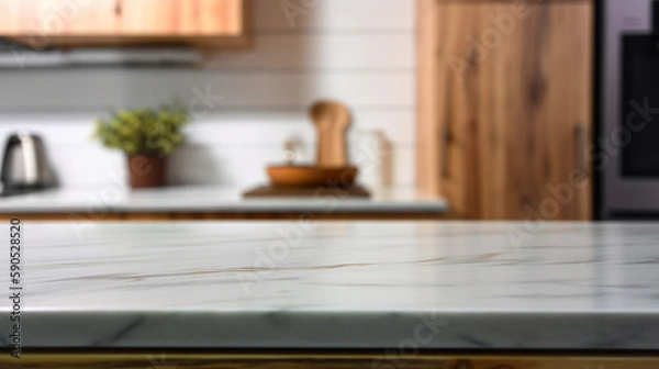 Obraz Empty marble countertop kitchen with copy space over kitchen background.for product display montage. AI generation.