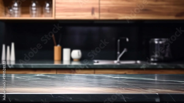 Obraz Empty marble countertop kitchen with copy space over kitchen background.for product display montage. AI generation.