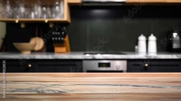 Obraz Empty marble countertop kitchen with copy space over kitchen background.for product display montage. AI generation.
