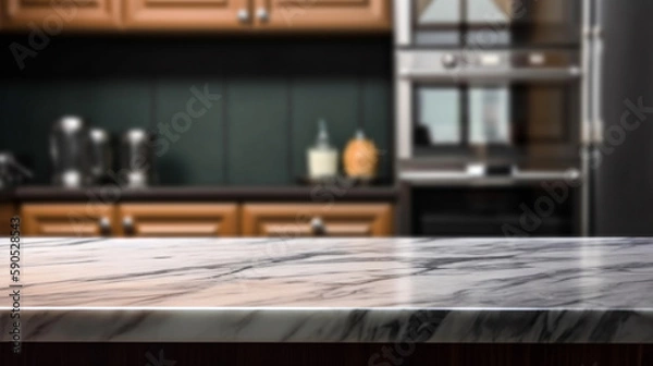 Obraz Empty marble countertop kitchen with copy space over kitchen background.for product display montage. AI generation.