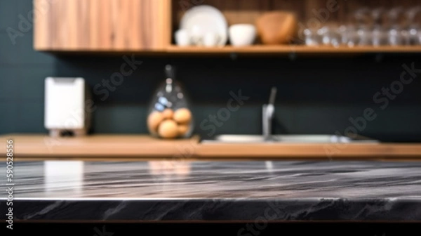 Obraz Empty marble countertop kitchen with copy space over kitchen background.for product display montage. AI generation.