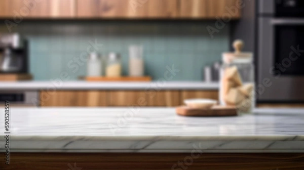 Obraz Empty marble countertop kitchen with copy space over kitchen background.for product display montage. AI generation.