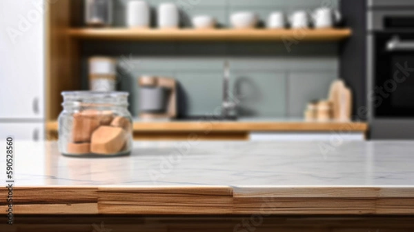 Obraz Empty marble countertop kitchen with copy space over kitchen background.for product display montage. AI generation.