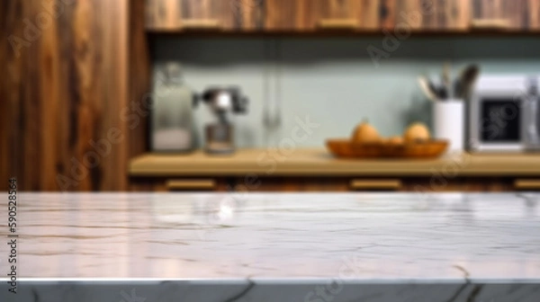Obraz Empty marble countertop kitchen with copy space over kitchen background.for product display montage. AI generation.