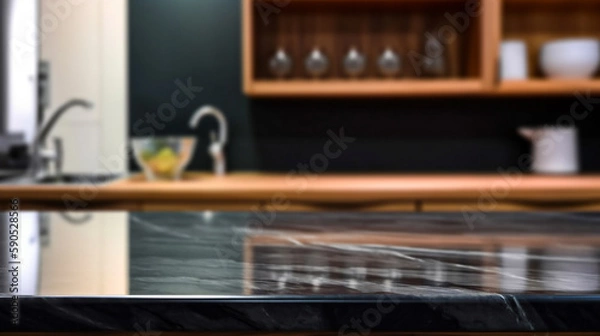 Obraz Empty marble countertop kitchen with copy space over kitchen background.for product display montage. AI generation.