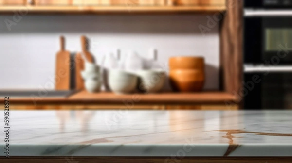 Obraz Empty marble countertop kitchen with copy space over kitchen background.for product display montage. AI generation.