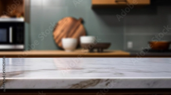 Obraz Empty marble countertop kitchen with copy space over kitchen background.for product display montage. AI generation.