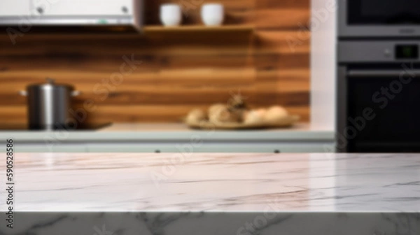 Obraz Empty marble countertop kitchen with copy space over kitchen background.for product display montage. AI generation.