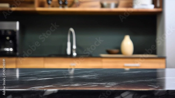 Obraz Empty marble countertop kitchen with copy space over kitchen background.for product display montage. AI generation.