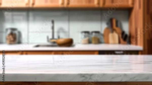 Obraz Empty marble countertop kitchen with copy space over kitchen background.for product display montage. AI generation.