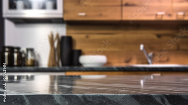 Obraz Empty marble countertop kitchen with copy space over kitchen background.for product display montage. AI generation.