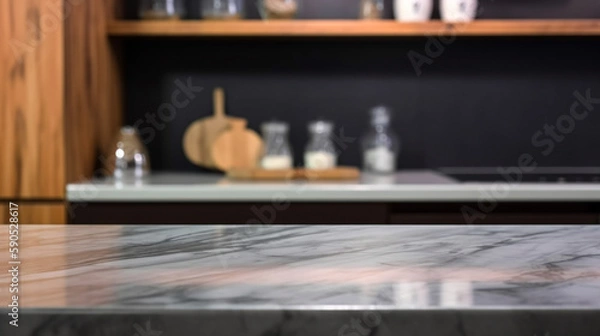 Obraz Empty marble countertop kitchen with copy space over kitchen background.for product display montage. AI generation.