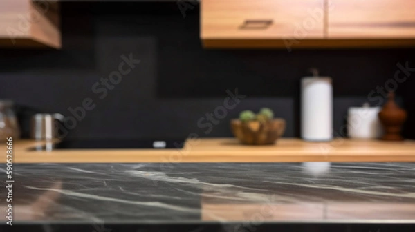 Obraz Empty marble countertop kitchen with copy space over kitchen background.for product display montage. AI generation.