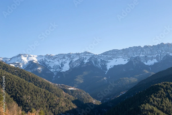Obraz Sunset in some snowy mountains surrounded by pine forests