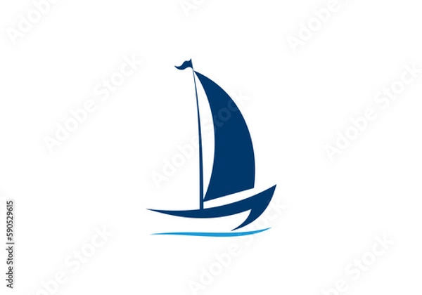 Fototapeta Linear drawing of a sailboat in the waves. illustration of a yacht at sea. Sailboat in the sea logo. Boat with sails on the waves