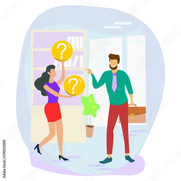 Obraz Make choice, decision concept. Businessman woman doubts, decides, looks for the best solution, 
setting priorities.
Modern vector illustration to use in your