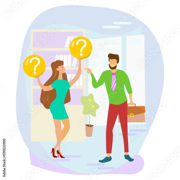 Obraz Make choice, decision concept. Businessman doubts, decides, looks for the best solution, 
setting priorities. Questioned employee thinking, analyzing options.
Modern vector illustration to use in your