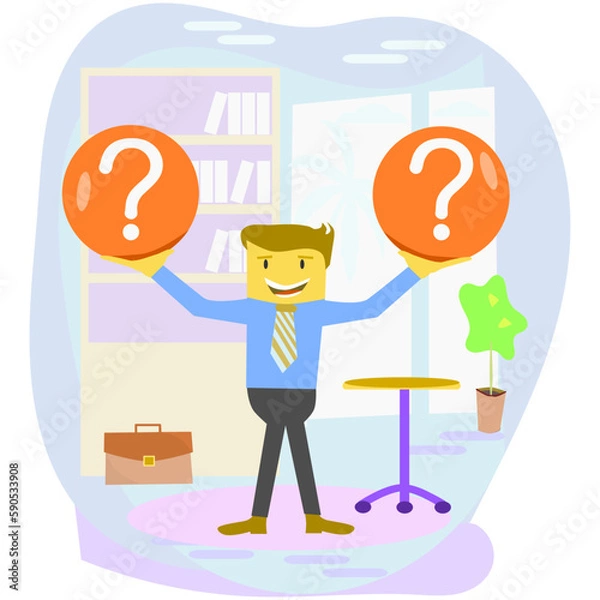 Obraz Make choice, decision concept. Businessman doubts, decides, looks for the best solution, 
setting priorities. Questioned employee thinking, analyzing options.
Modern vector illustration to use in your