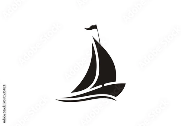 Fototapeta Linear drawing of a sailboat in the waves. illustration of a yacht at sea. Sailboat in the sea logo. Boat with sails on the waves