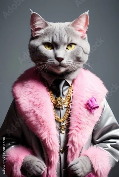 Fototapeta Anthropomorphic cat in stylish clothes and jewelry. Successful and rich cat portrait. Luxury concept. generative ai