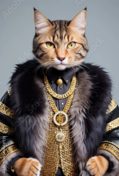 Fototapeta Anthropomorphic red cat in stylish clothes and golden fur coat. Cat pimp. Luxury concept. generative ai