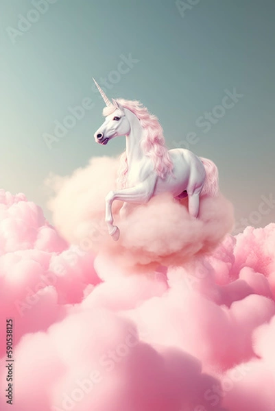 Fototapeta a Write unicorn riding a pink candy cotton cloud