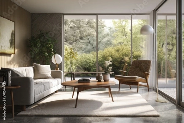Fototapeta Clean Family Room Interior with Mid Century Furniture and Modern Tall Windows Made with Generative AI