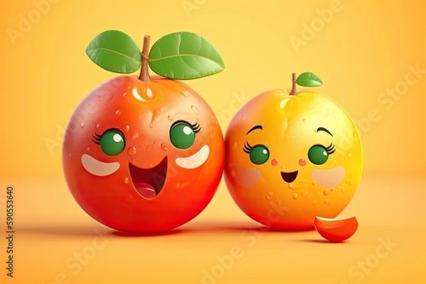 Obraz two oranges with expressive painted faces. Generative AI