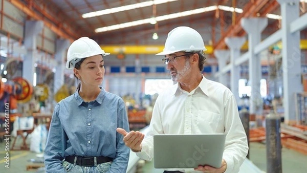 Obraz Two professional engineer man and woman manager leader wearing helmet and holding laptop walking in factory talking and discussing for work