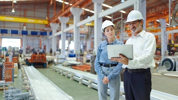 Obraz Two professional engineer man and woman manager leader wearing helmet and holding laptop standing in factory talking and discussing for work