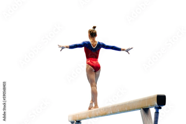 Obraz back female gymnast athlete balancing on balance beam gymnastics on transparent background, olympic sports in summer games