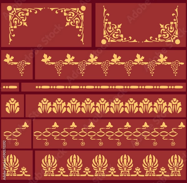 Fototapeta Set of seven Baroque vintage stencil decorations. Vectorized seamless patterns.