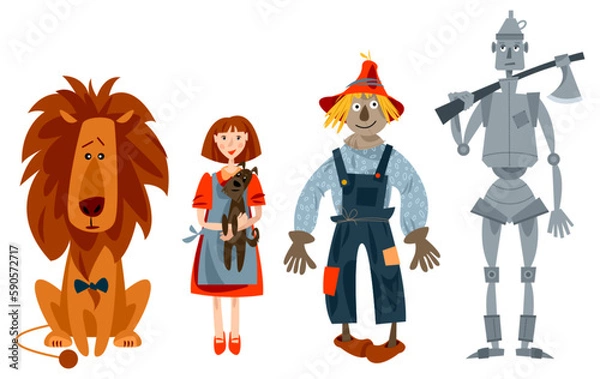 Fototapeta Lion, girl holding  dog in her arms, Scarecrow and  Tin Man. Сharacters of fairy tale “The Wonderful Wizard of Oz”