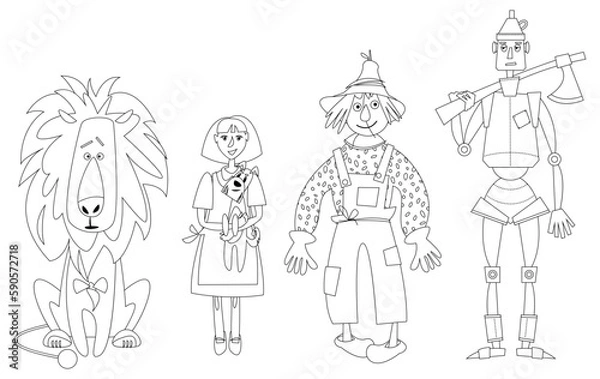 Fototapeta Lion, girl holding dog in her arms, Scarecrow and Tin Man. Сharacters of fairy tale “The Wonderful Wizard of Oz”. Coloring page