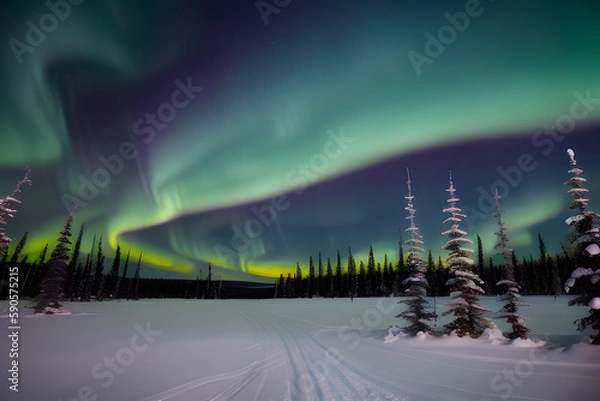Fototapeta The aurora borealis dances over the trees of Jollifee Island in Yellowknife, Northwest Territories, Canada.