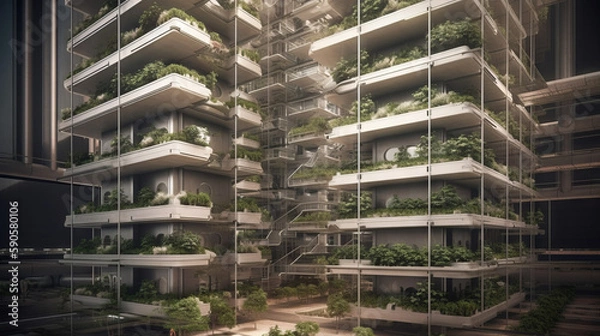 Fototapeta Vertical farming with hydroponic and aeroponic plants which is fully automated, generative ai