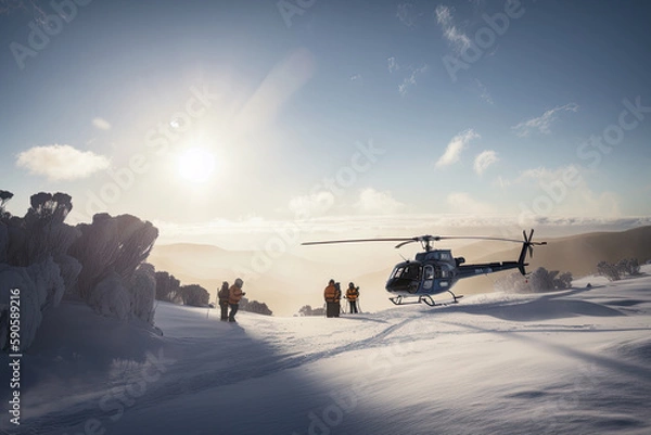 Fototapeta Search and rescue operation in mountains. Medical rescue helicopter landing in snowy mountains. Created with Generative AI