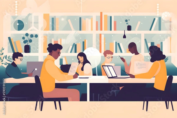 Fototapeta Flat vector illustration Young multiracial people working in school library - soft focus on correct girl face