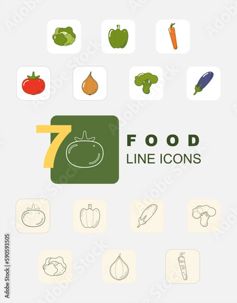 Fototapeta 7 food line icons. Colored and colorless.