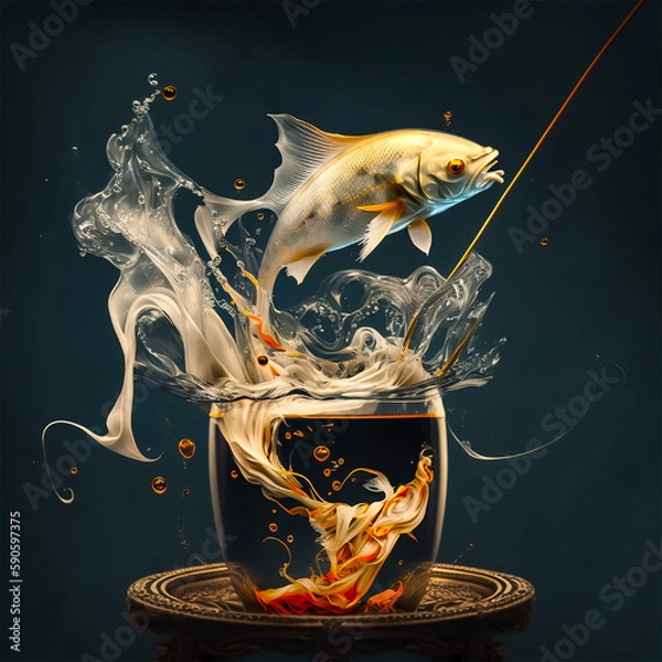 Fototapeta A fish jumping out of a cup with liquid and a fish jumping out of it.