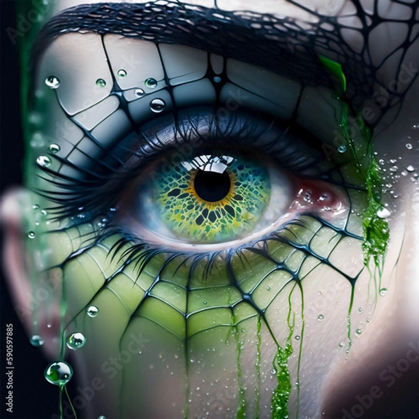 Fototapeta A green eye with a green pupil and a drop of water on it.
