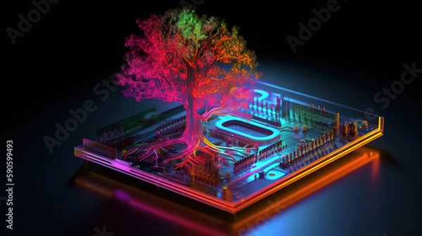 Fototapeta Neon tree on a computer chip, Bright color. Generative Ai