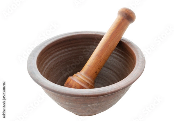 Fototapeta clay mortar and wooden pestle, isolated background