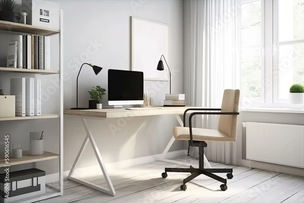 Fototapeta sleek and minimalist home office setup with a sleek desk, ergonomic chair, minimalist decor, and ample natural light, offering a functional and aesthetic workspace - Generative AI