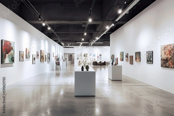 Fototapeta contemporary art gallery with minimalist white walls, track lighting, polished concrete floors, and unique artwork displays, providing a modern and curated space for art enthusiasts - Generative AI
