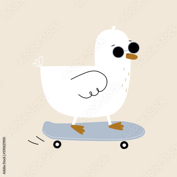 Fototapeta Funny duck skateboarder. Cartoon childish print. Vector hand drawn illustration. 