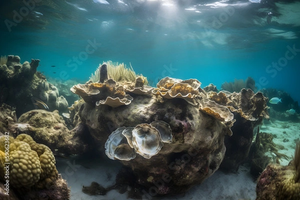 Obraz Bottom of the sea with oyster and shells at low tide.Generative AI illustration