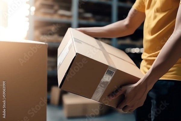 Obraz Male warehouse worker holding the package box in a warehouse storage. Generative AI